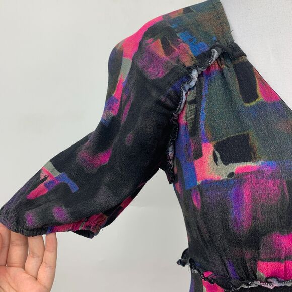 Plenty Tracy Reese Midi Dress XSP Petite Back Zip Round Buttons Puff Sleeve Geo - Picture 5 of 16